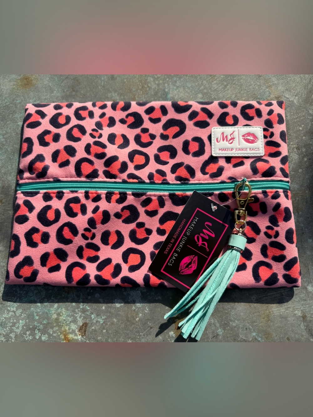 Makeup Junkie Medium Pink Coral Leopard Print Cosmetic Bag Mint Tassel